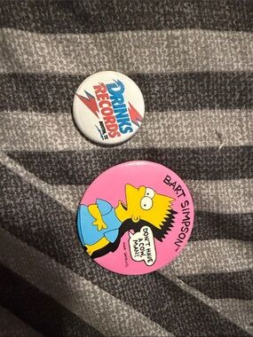 Bart Simpson Pink Cartoon Button Pin + Drink's Records White Button